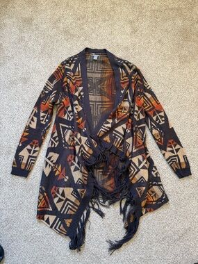 Charlotte Russe Navy Aztec Fringe Open-Front Cardigan with Rust & Cream